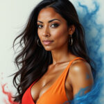 a woman in an orange and blue dress