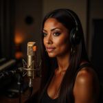 a woman wearing headphones and looking at a microphone